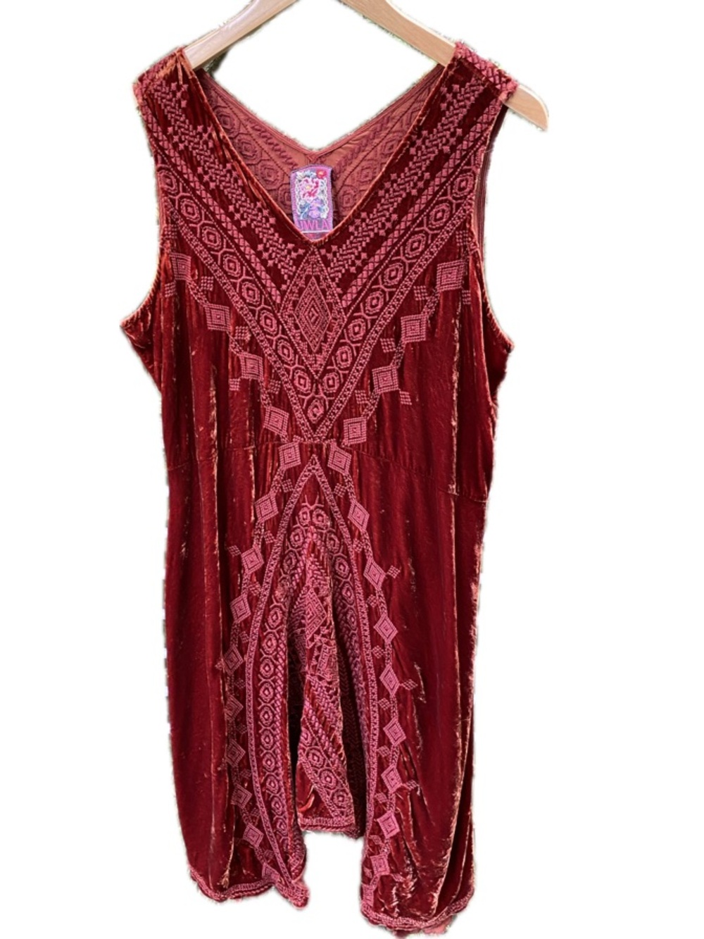Johnny Was XL Velvet Embroidered Burgundy mini dress with handkerchief hemline